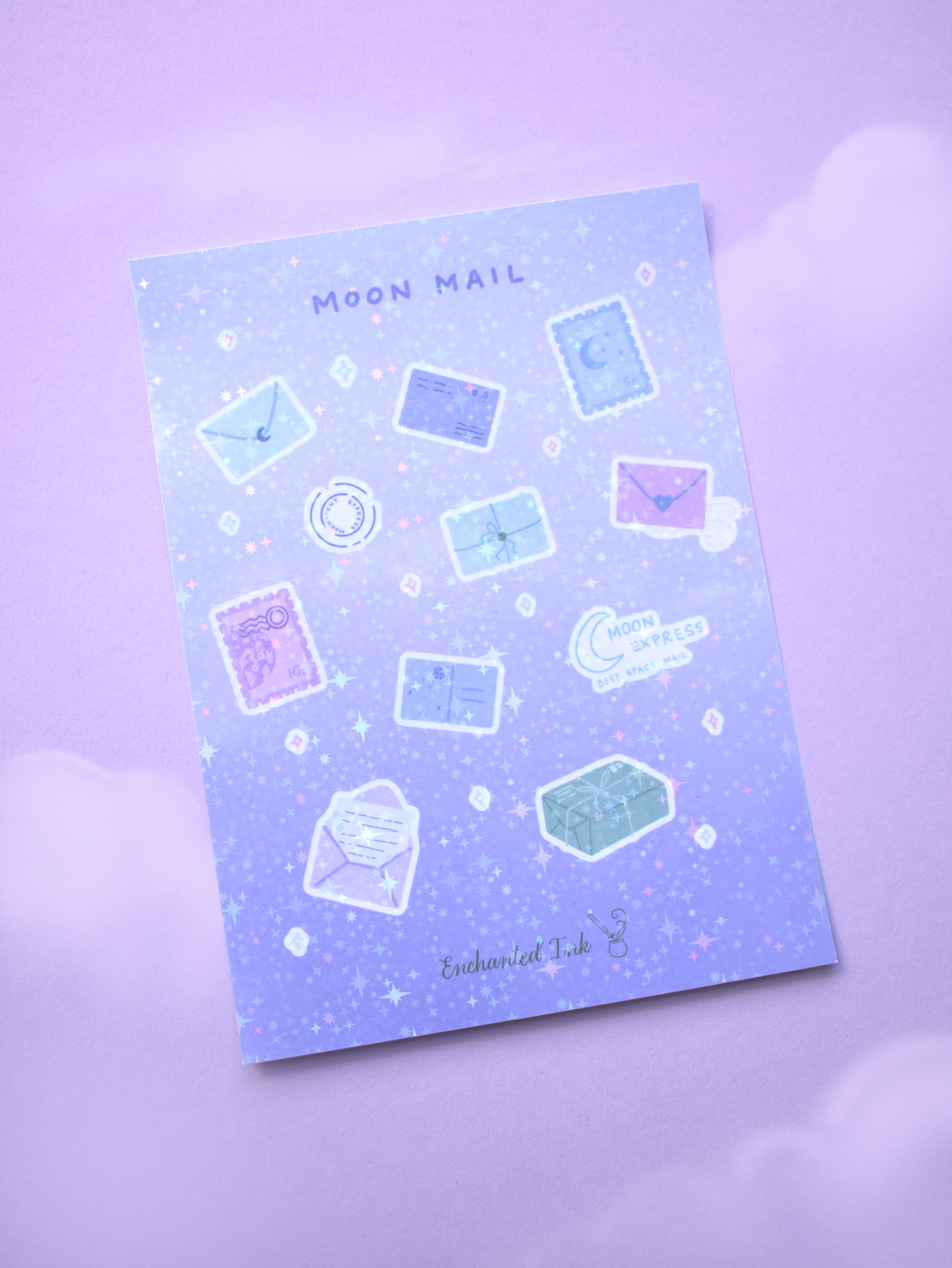 Moon Mail holographic sticker sheet with celestial letters, moons and magic parcels