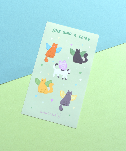 Sticker sheet with fairy-themed illustrations on a colorful background