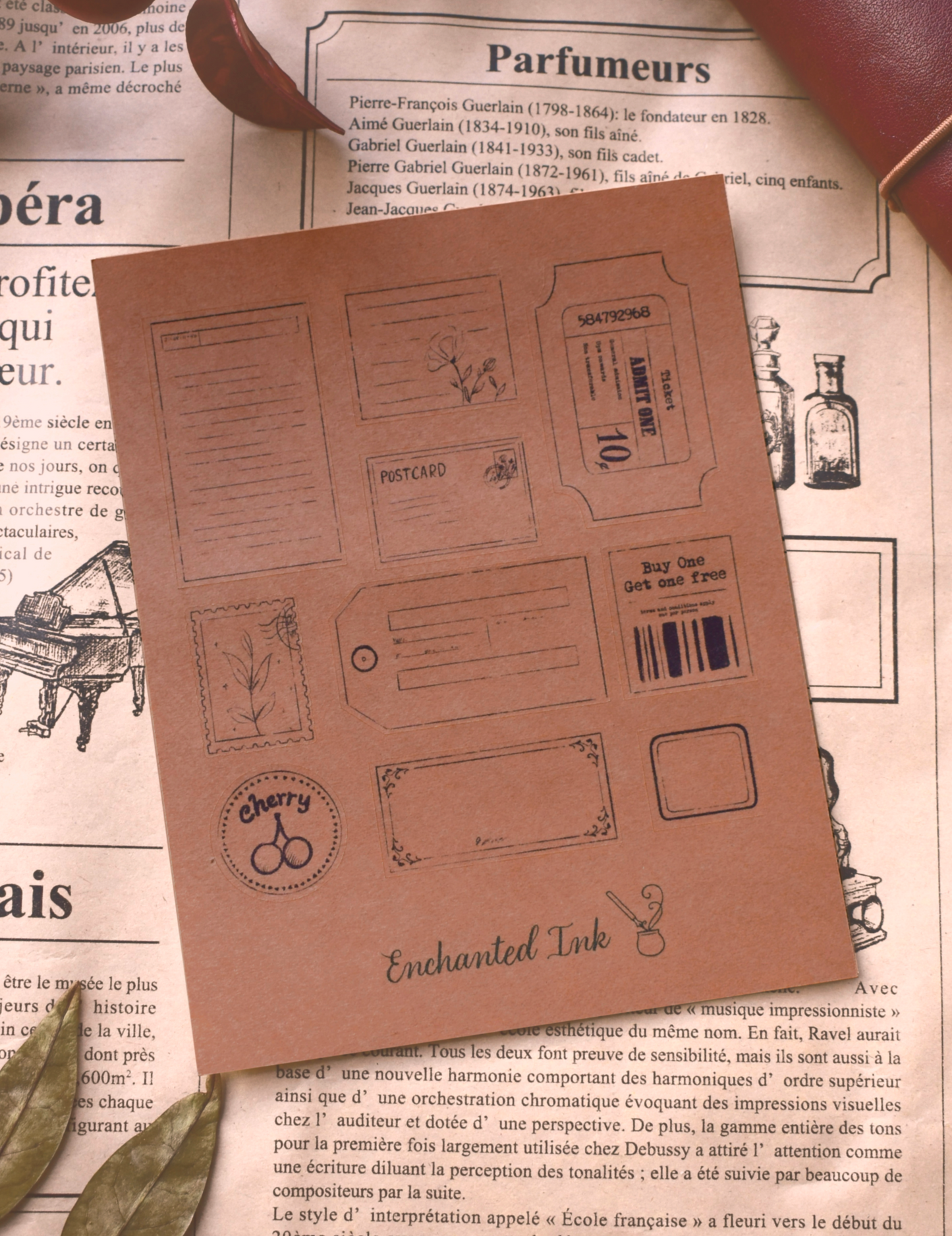 Sticker sheet used in vintage-style journal spread with layered ephemera and writing