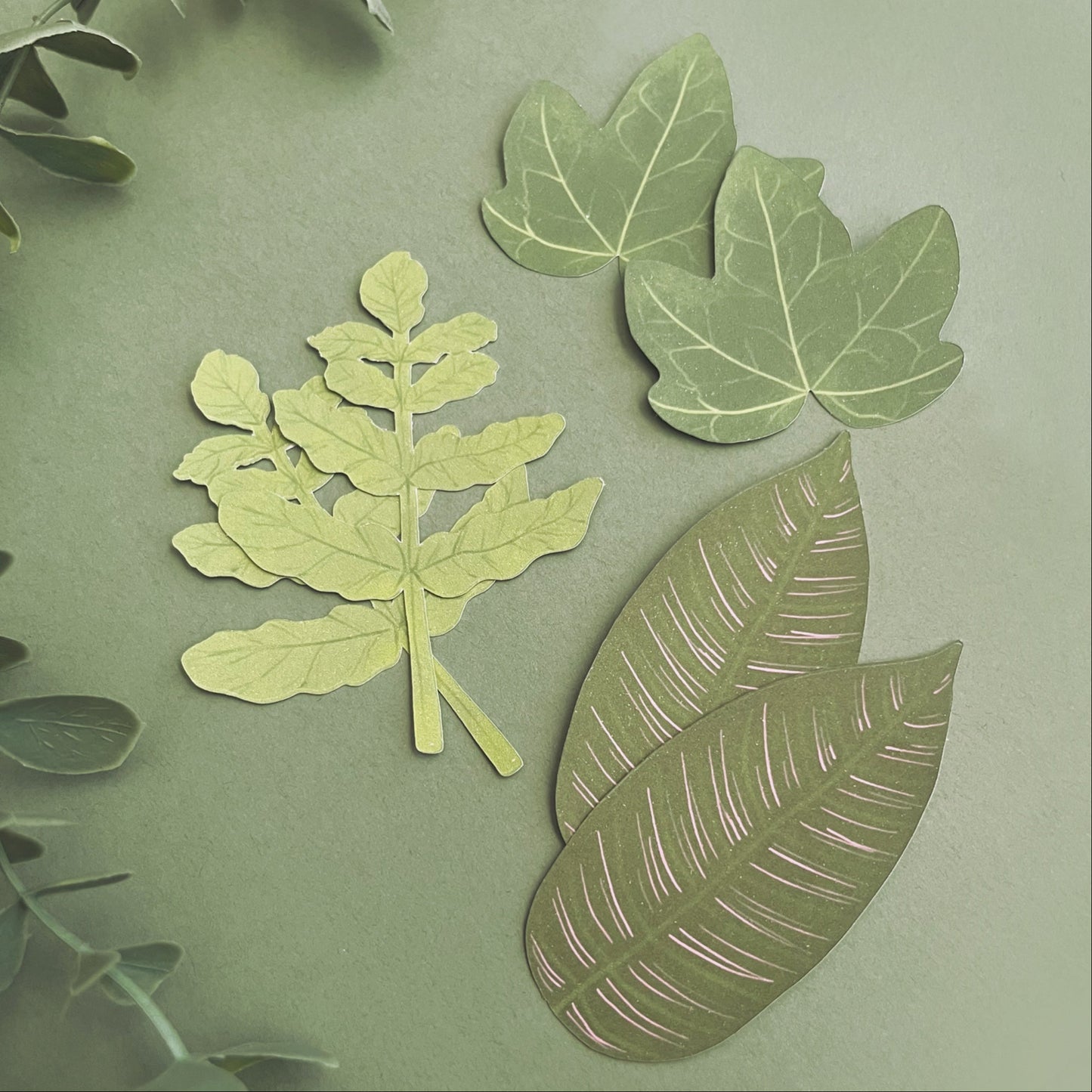 Whimsical botanical paper stickers with woodland leaf illustrations for planners and journals