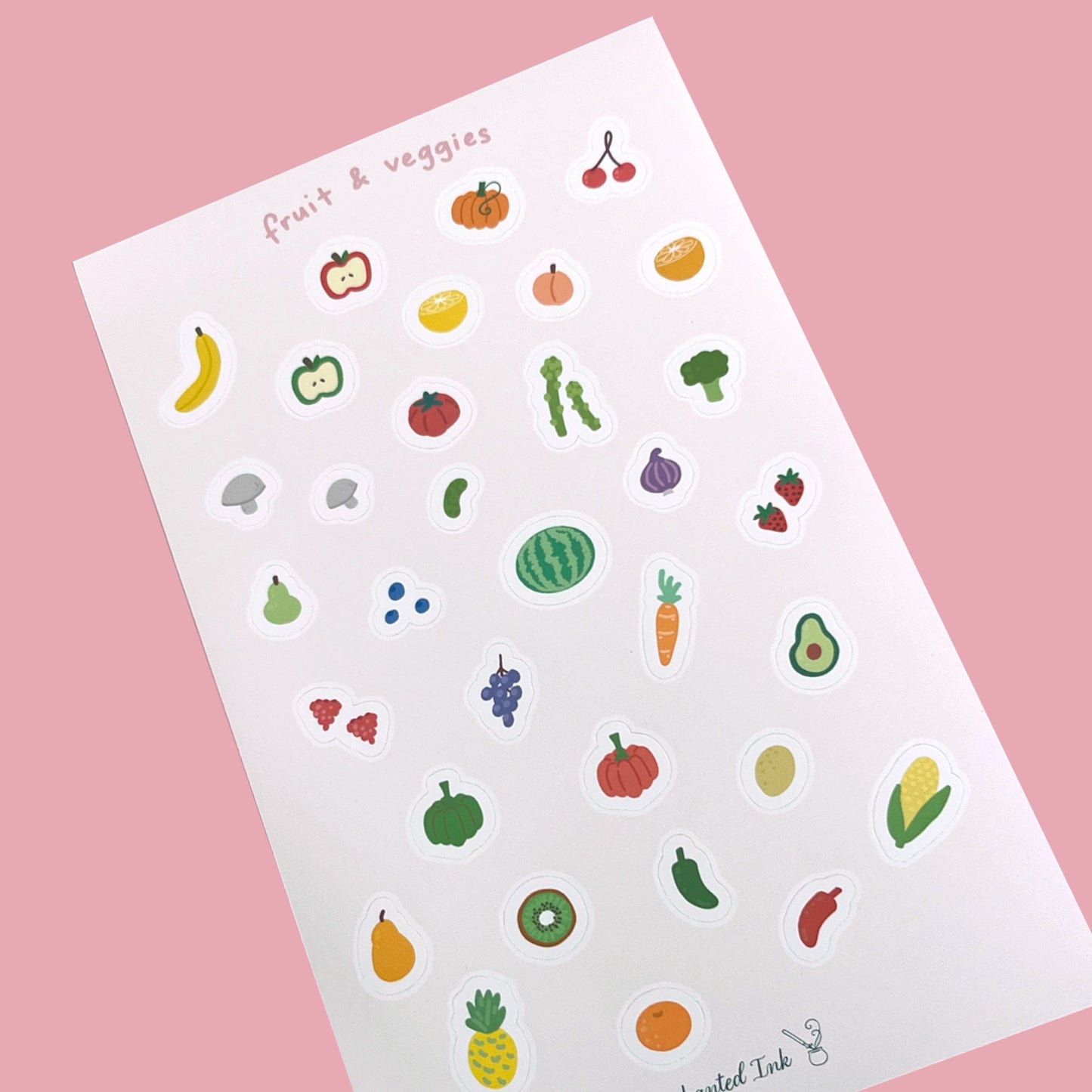 Whimsical Fruit & Veggie Matte Vinyl Sticker Sheet | Cute Grocery Stickers