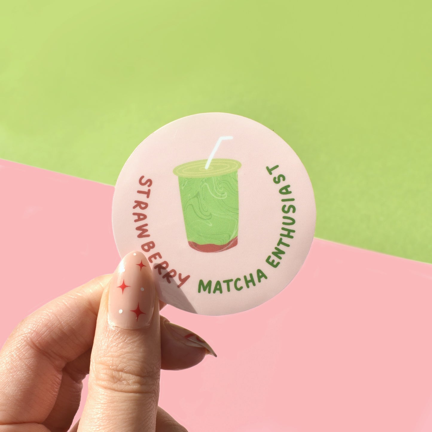 Cute café sticker with strawberry matcha design