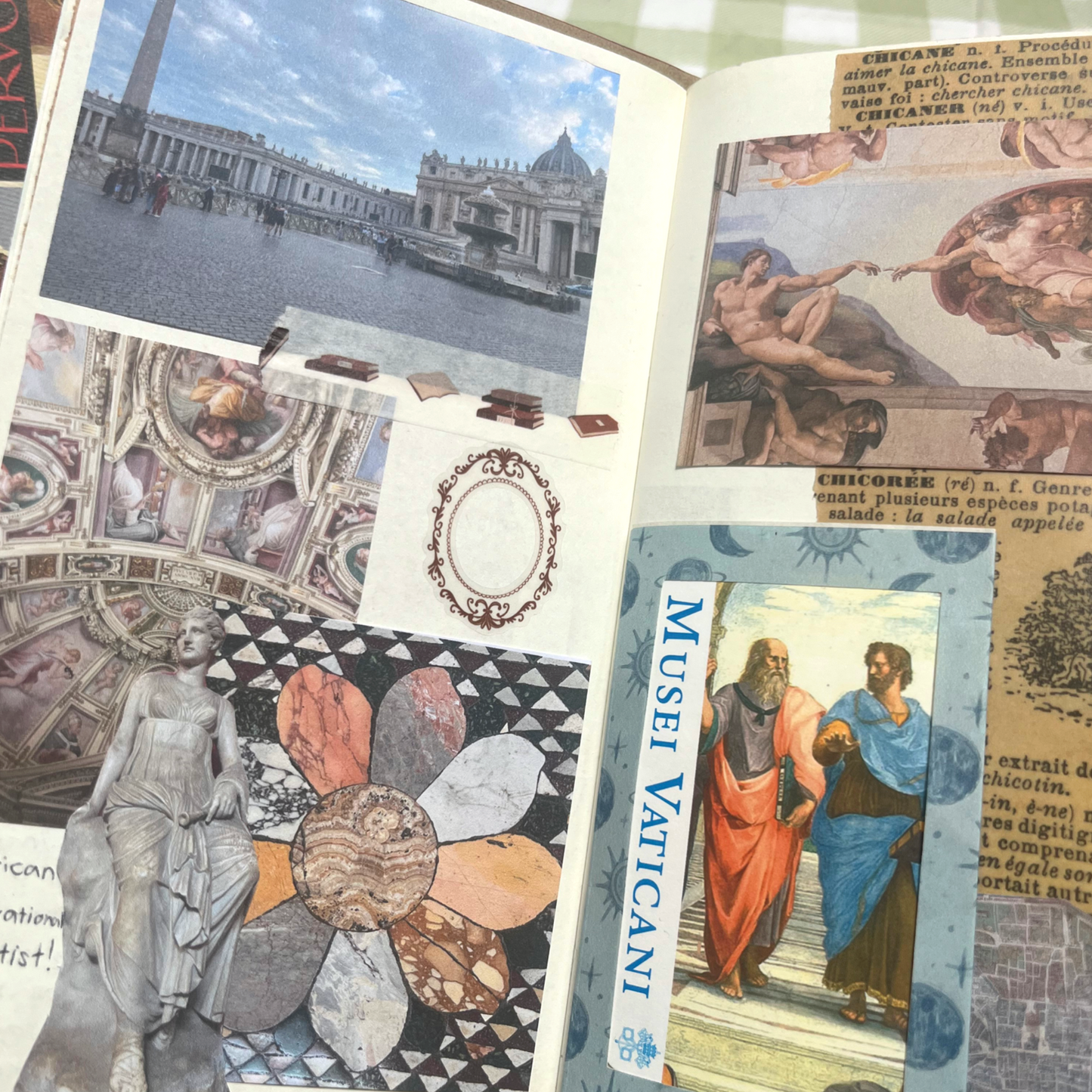 Vintage frame stickers used in a junk journal collage spread