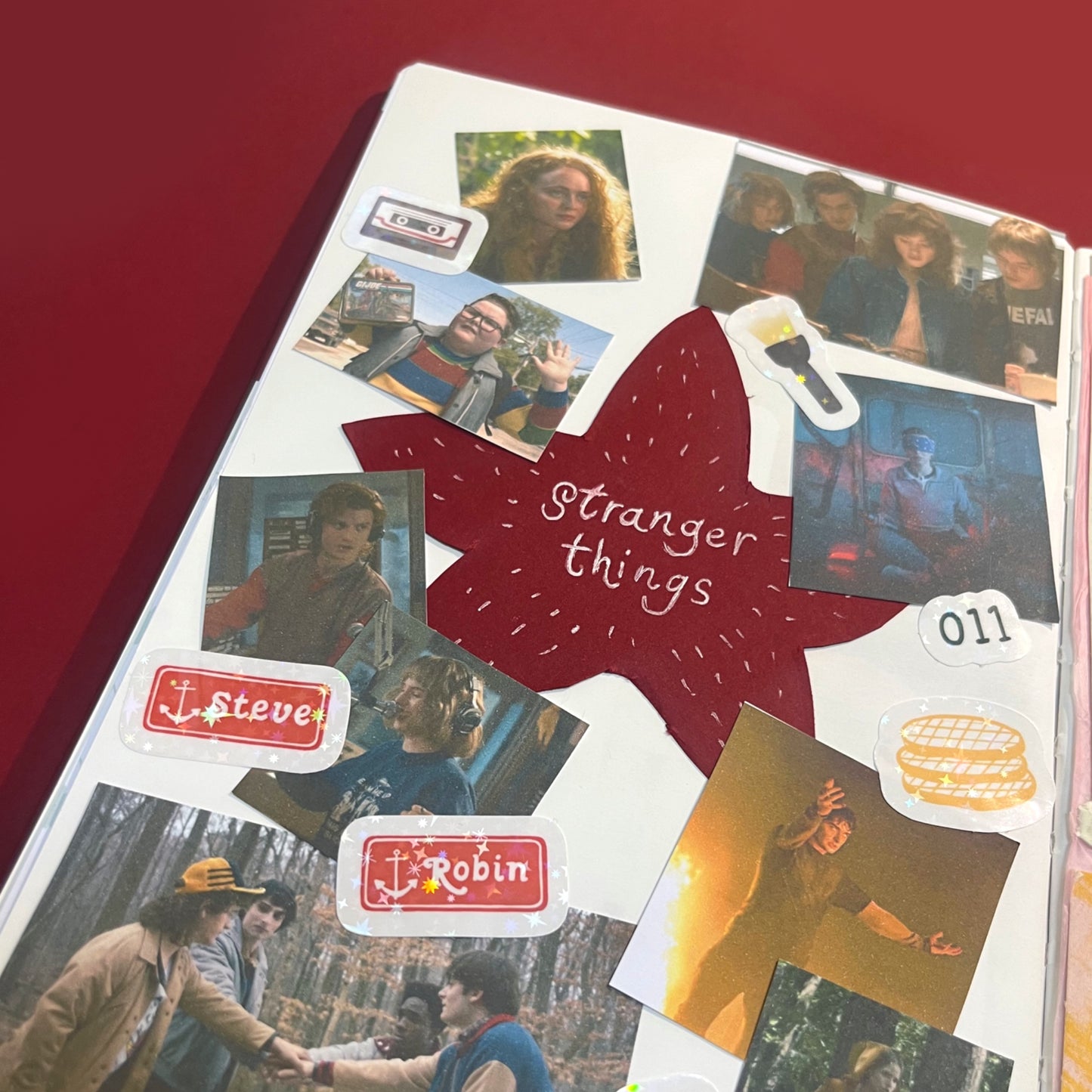 Collage of 'Stranger Things' themed stickers with character images and text on a red background.