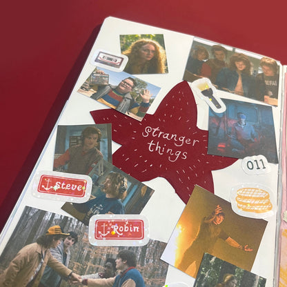 Collage of 'Stranger Things' themed stickers with character images and text on a red background.