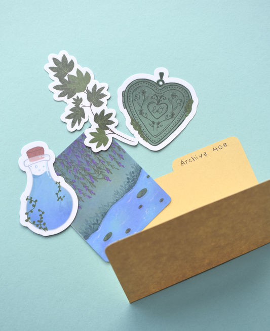 Set of decorative stickers with plants and a heart design on a light blue background