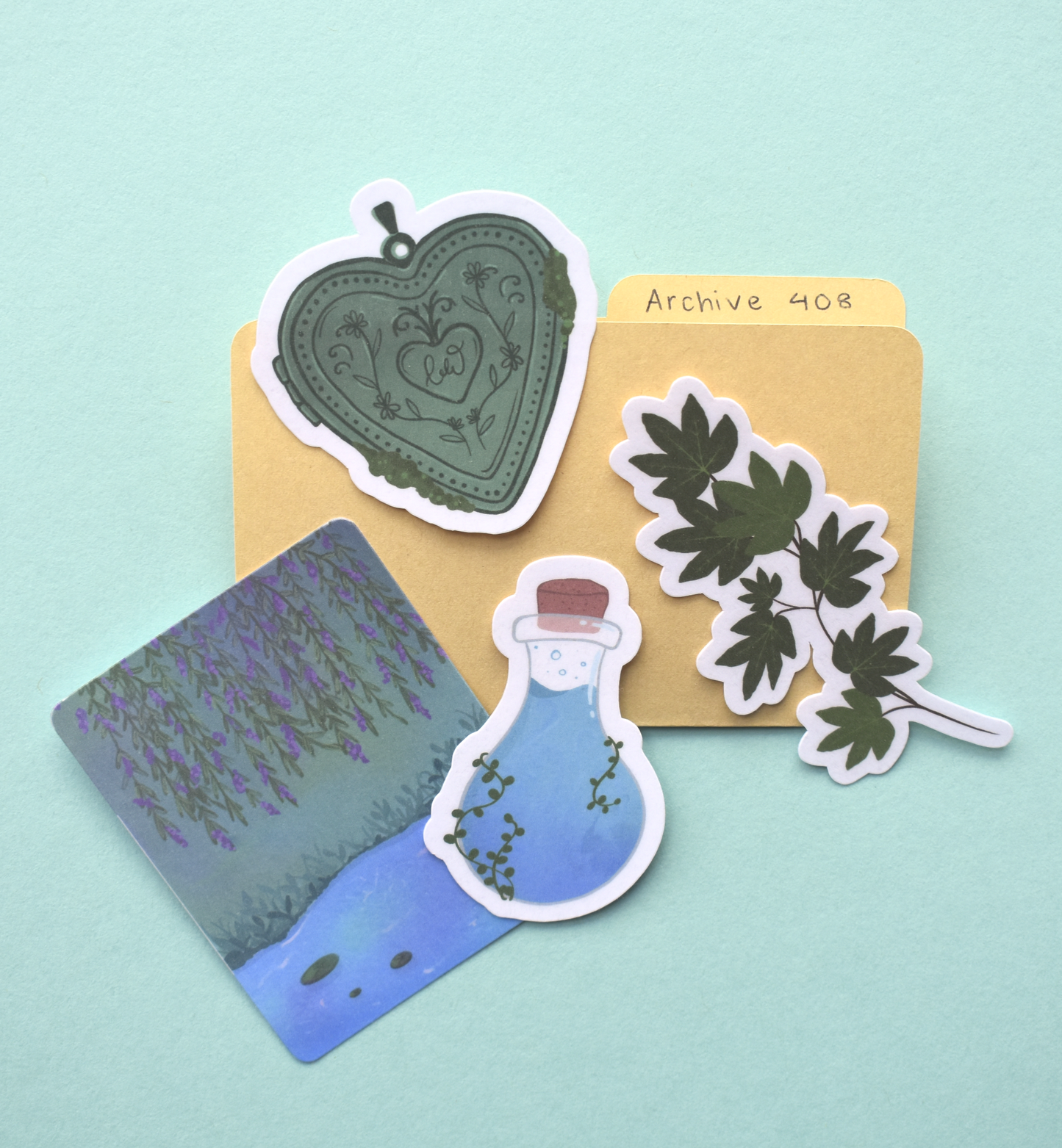 Set of nature-themed stickers on a light blue background