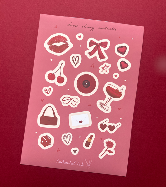 Dark Cherry Aesthetic Vinyl Sticker Sheet | Matte Vinyl Stickers for Journaling & Scrapbooking