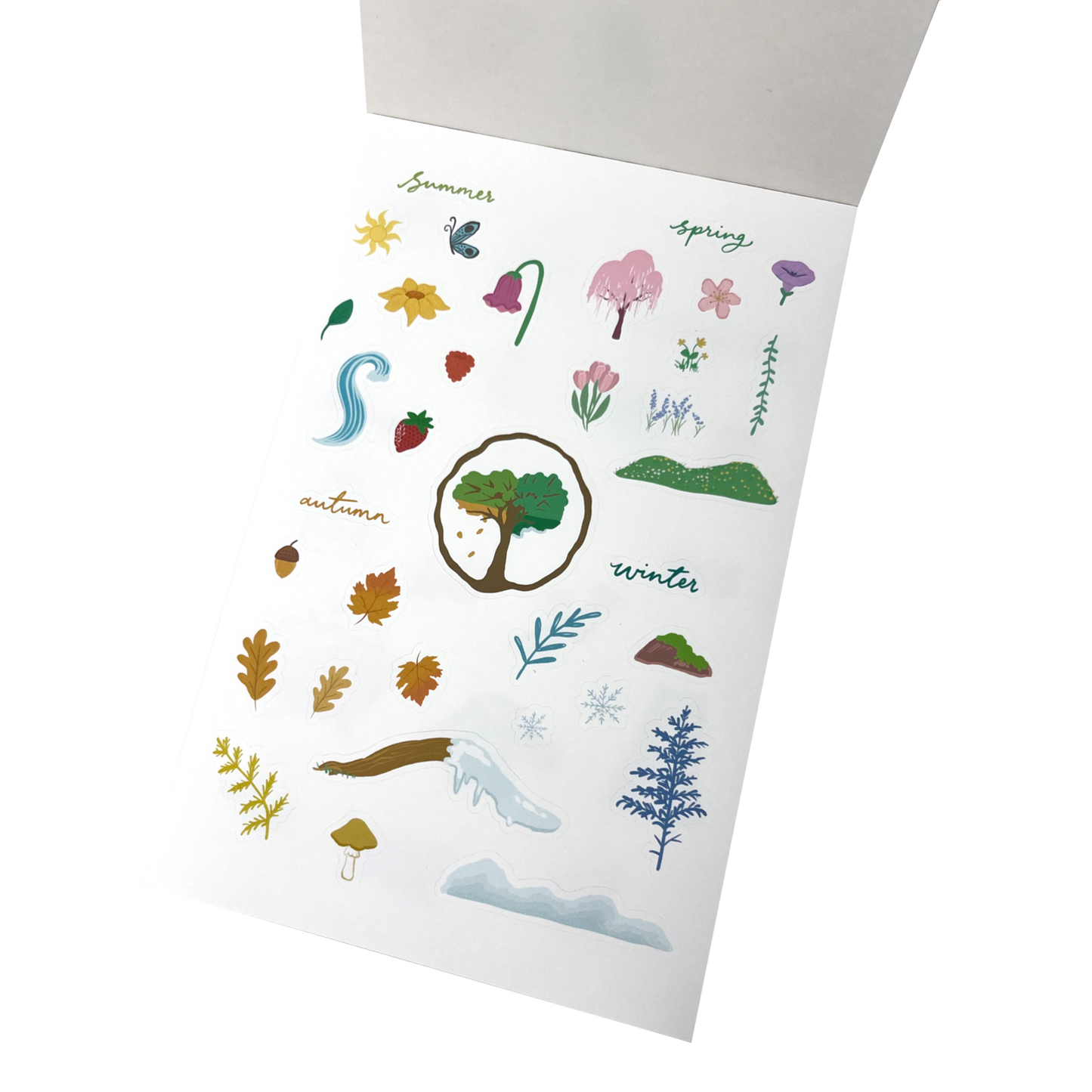 A matte white vinyl sticker sheet featuring seasonal illustrations for summer, spring, autumn, and winter.