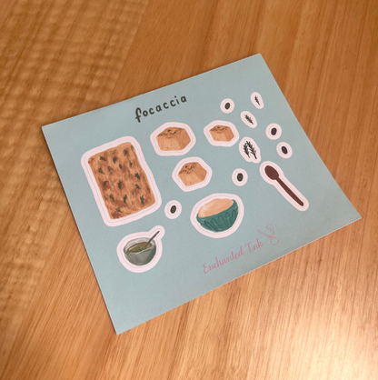 Sticker sheet with cute illustrated focaccia bread and herbs for journals or planers 