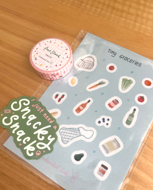 Foodie Favourites Bundle – Snack Vinyl Sticker, Fruit Stand Washi Tape & Tiny Groceries Clear Sticker Sheet