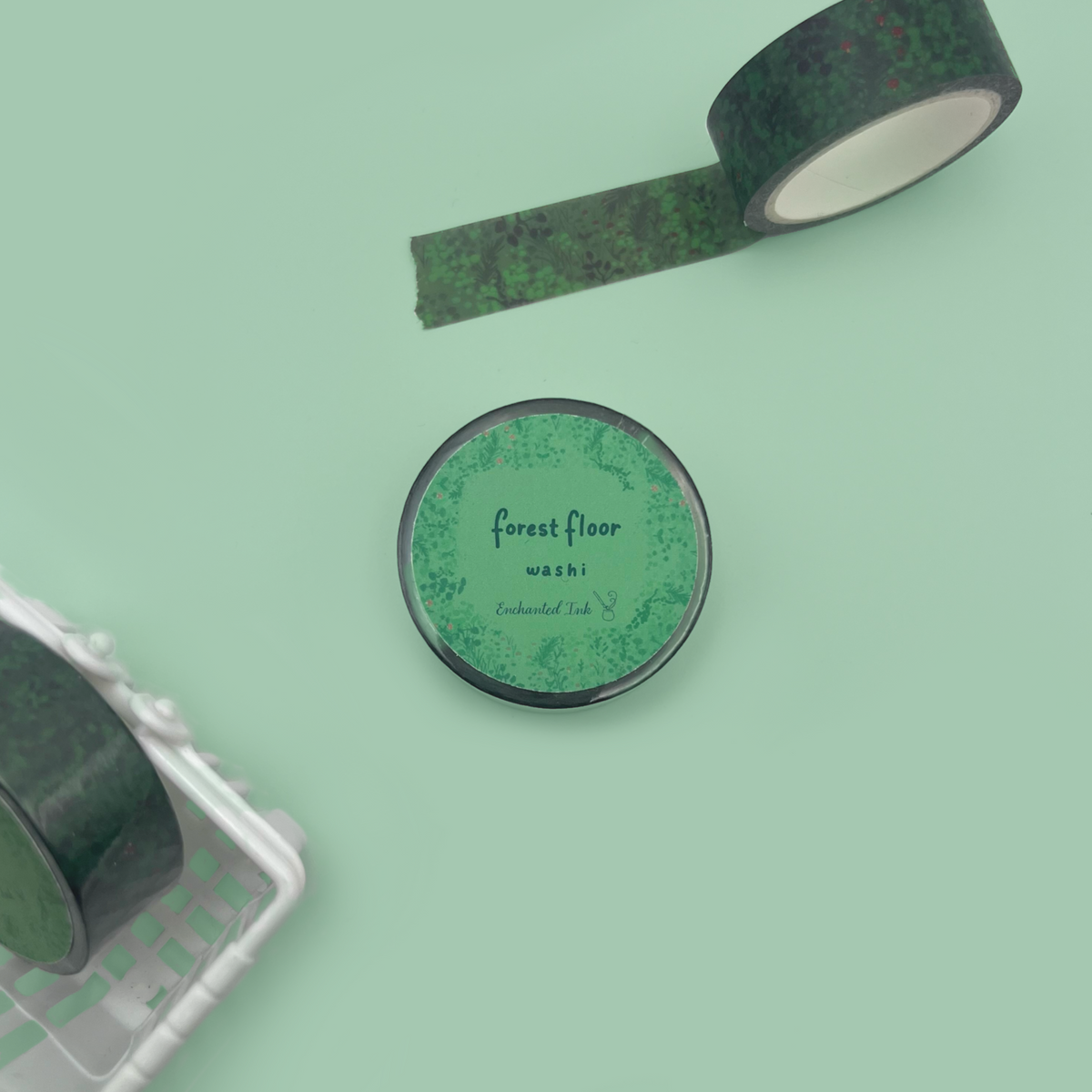 Green decorative nature and plant washi tape on a green background 