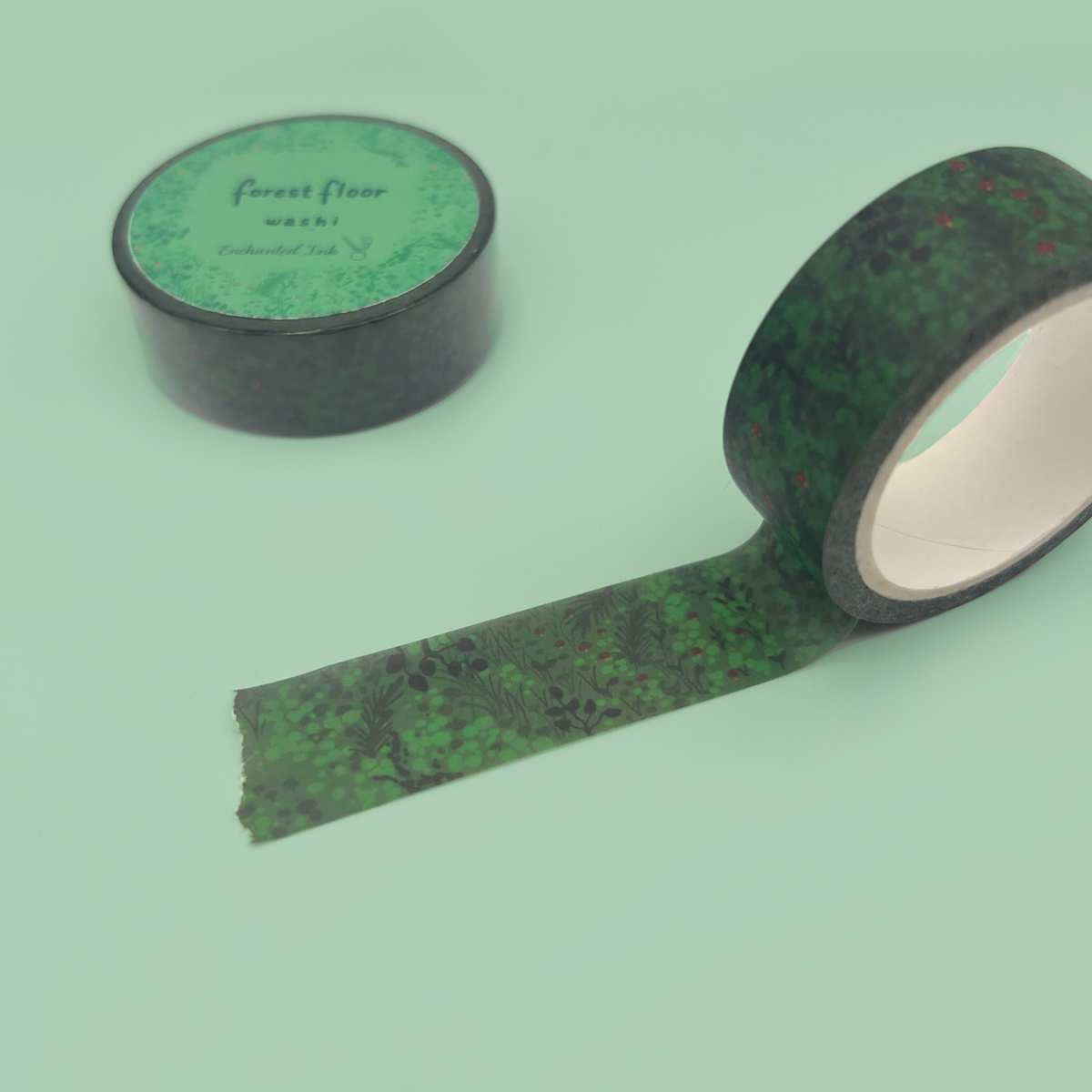 The forest and nature details up close of the green decorative washi tape 