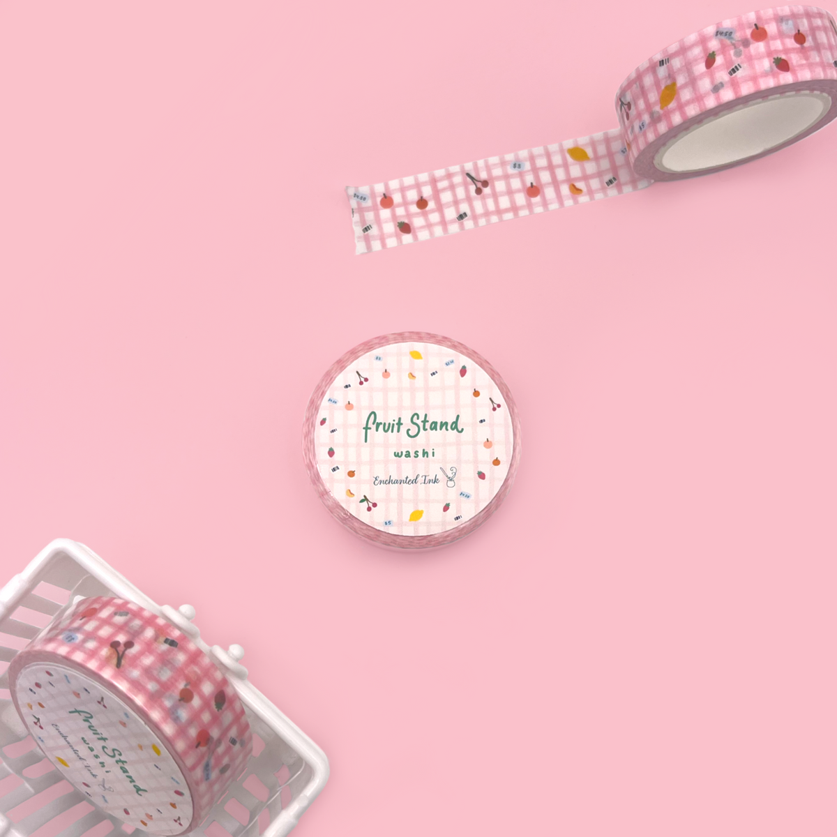 Cute fruit washi tape featuring lemons, cherries, blueberries on a gingham pattern