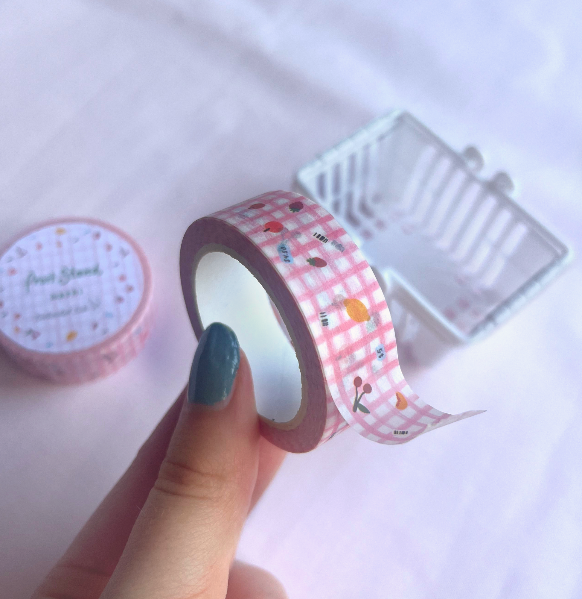 Fruit stand washi tape with illustrated fruits, barcodes and grocery details for planners and journals