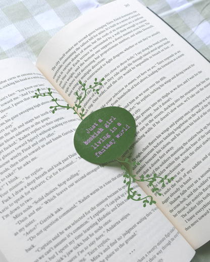 Just a Bookish Girl Living in a Fantasy World sticker with whimsical lettering
