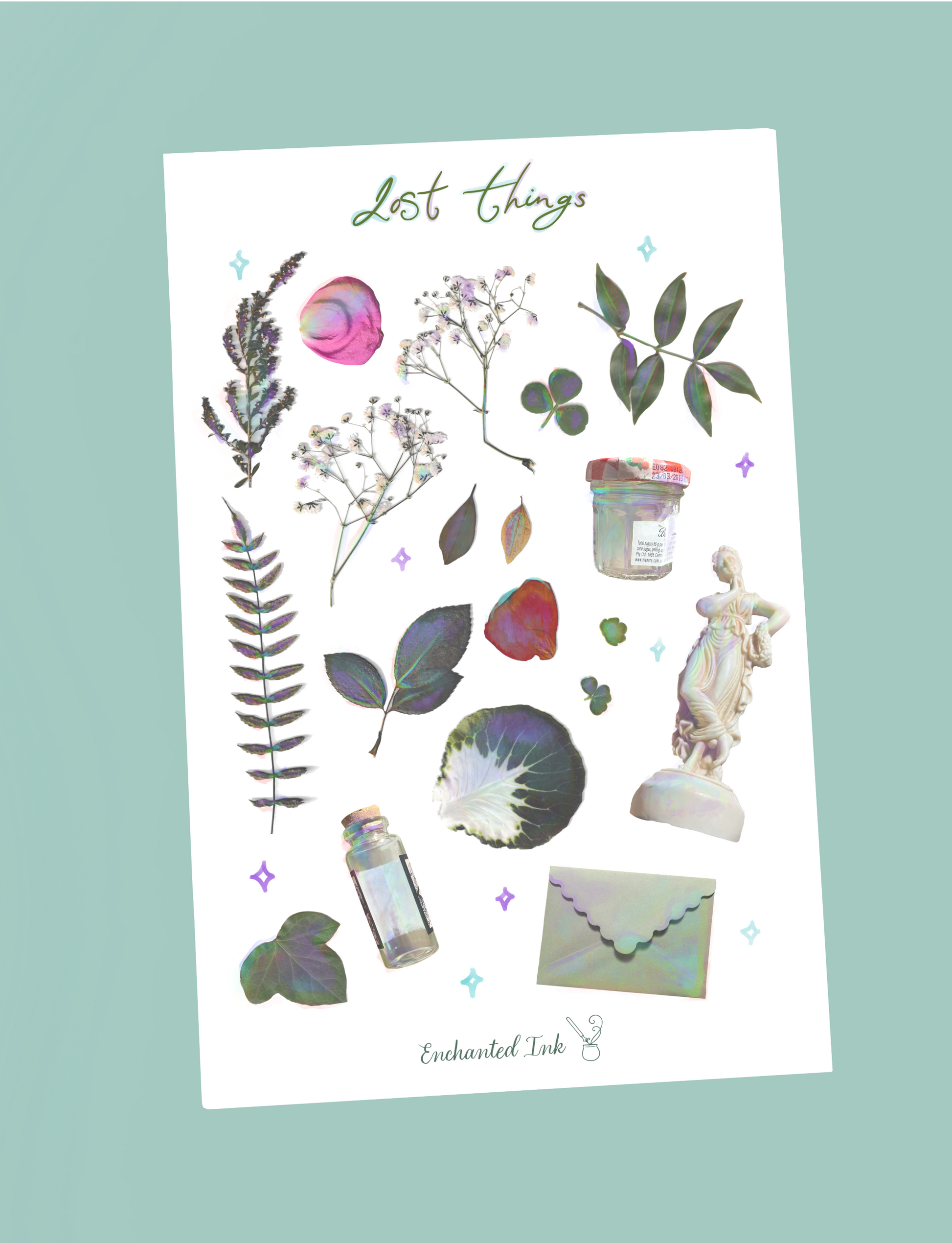 Lost Things glossy sticker sheet with botanical and vintage object designs