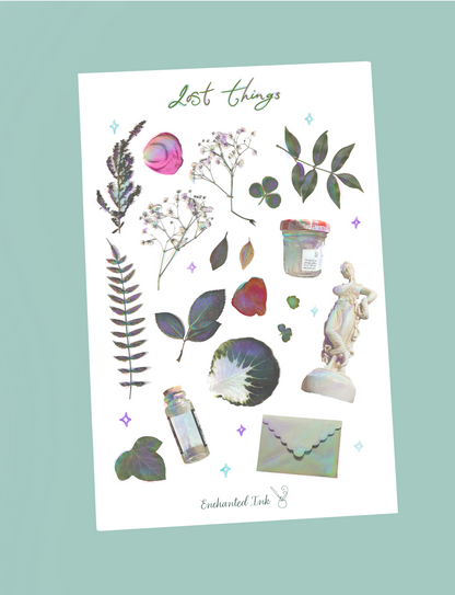 Lost Things glossy sticker sheet with botanical and vintage object designs