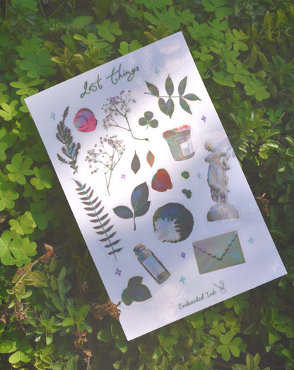 Sheet of nature-themed stickers on a grassy background