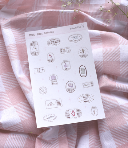 Sheet of decorative sticker barcodes on a pink checkered fabric background