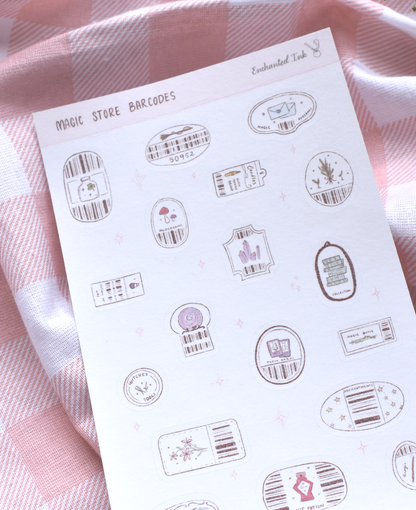 Sheet of decorative stickers with barcodes and illustrations on a pink checkered fabric background