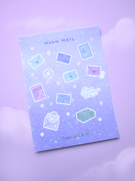 Moon Mail holographic sticker sheet with celestial letters, moons and magic parcels