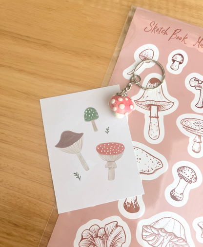 Mushroom Lovers Bundle – Sticker Sheet, Handmade Red Mushroom Keychain & Mini Mushroom Art Print