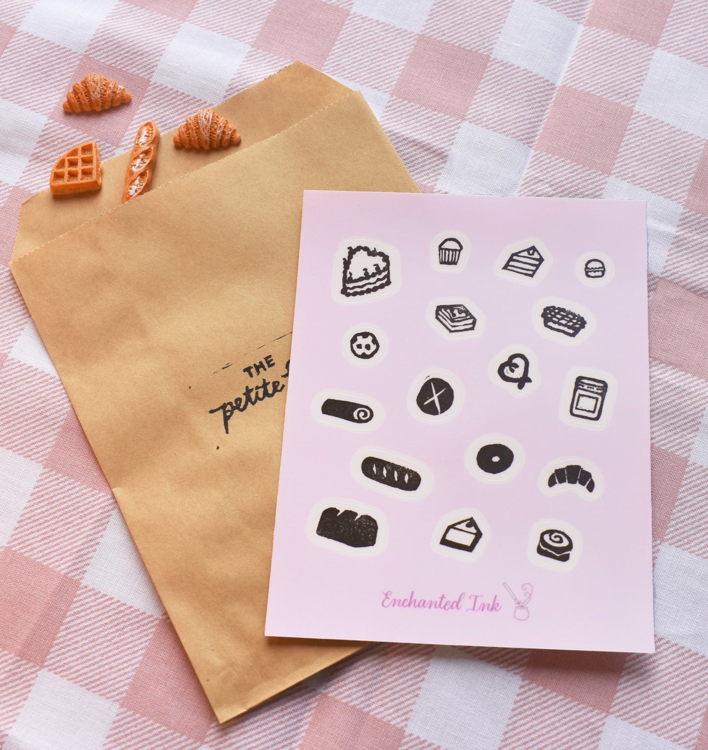 Handmade bakery stamp stickers with bread, pastries, and cozy food designs printed on premium clear sticker paper