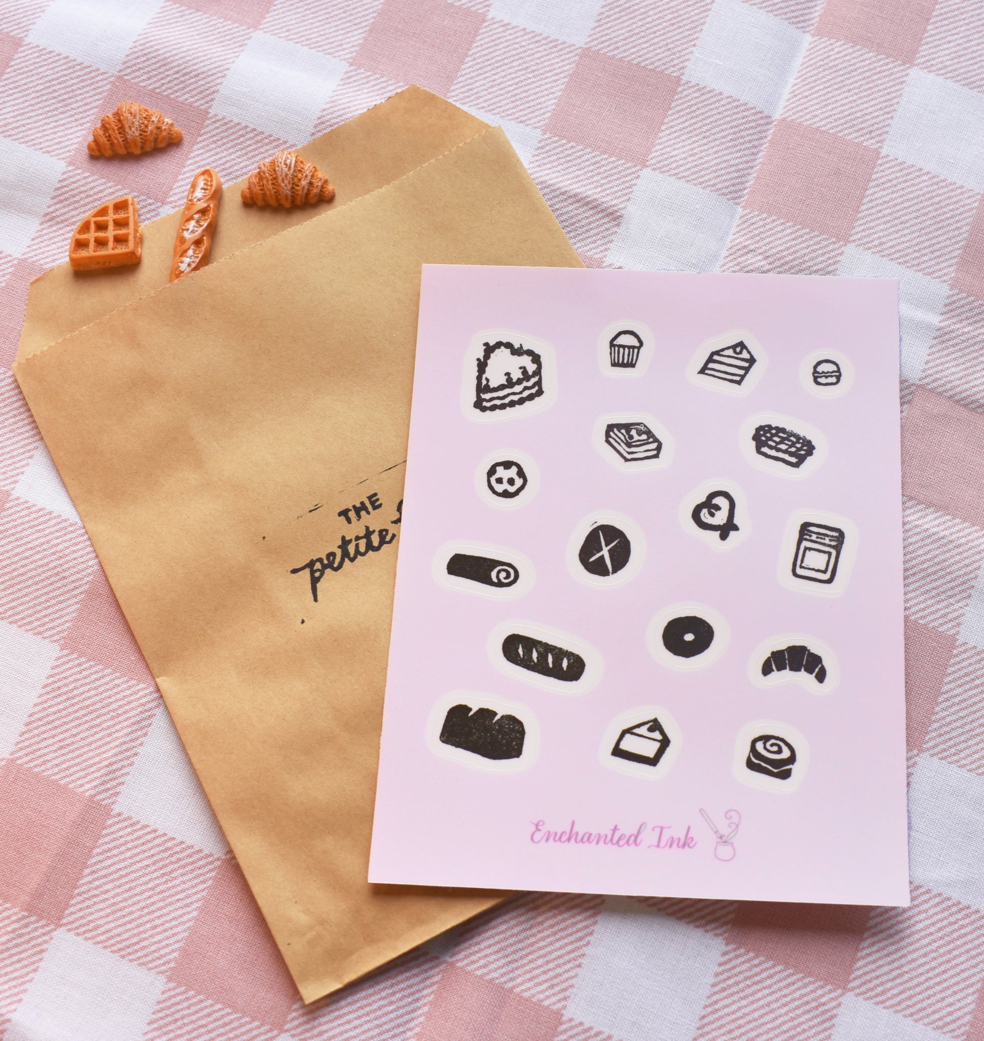 Handmade bakery stamp stickers with bread, pastries, and cozy food designs printed on premium clear sticker paper
