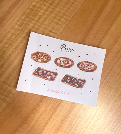 Sticker sheet with cute illustrated pizza stickers for journaling or planners