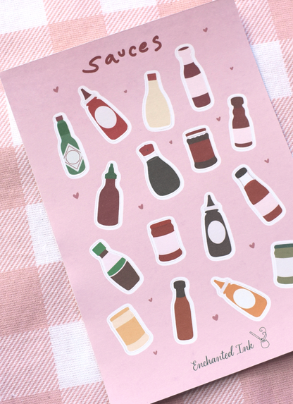 Detailed view of a Sheet of sauce bottle stickers on a pink background with 'Enchanted Ink' branding.