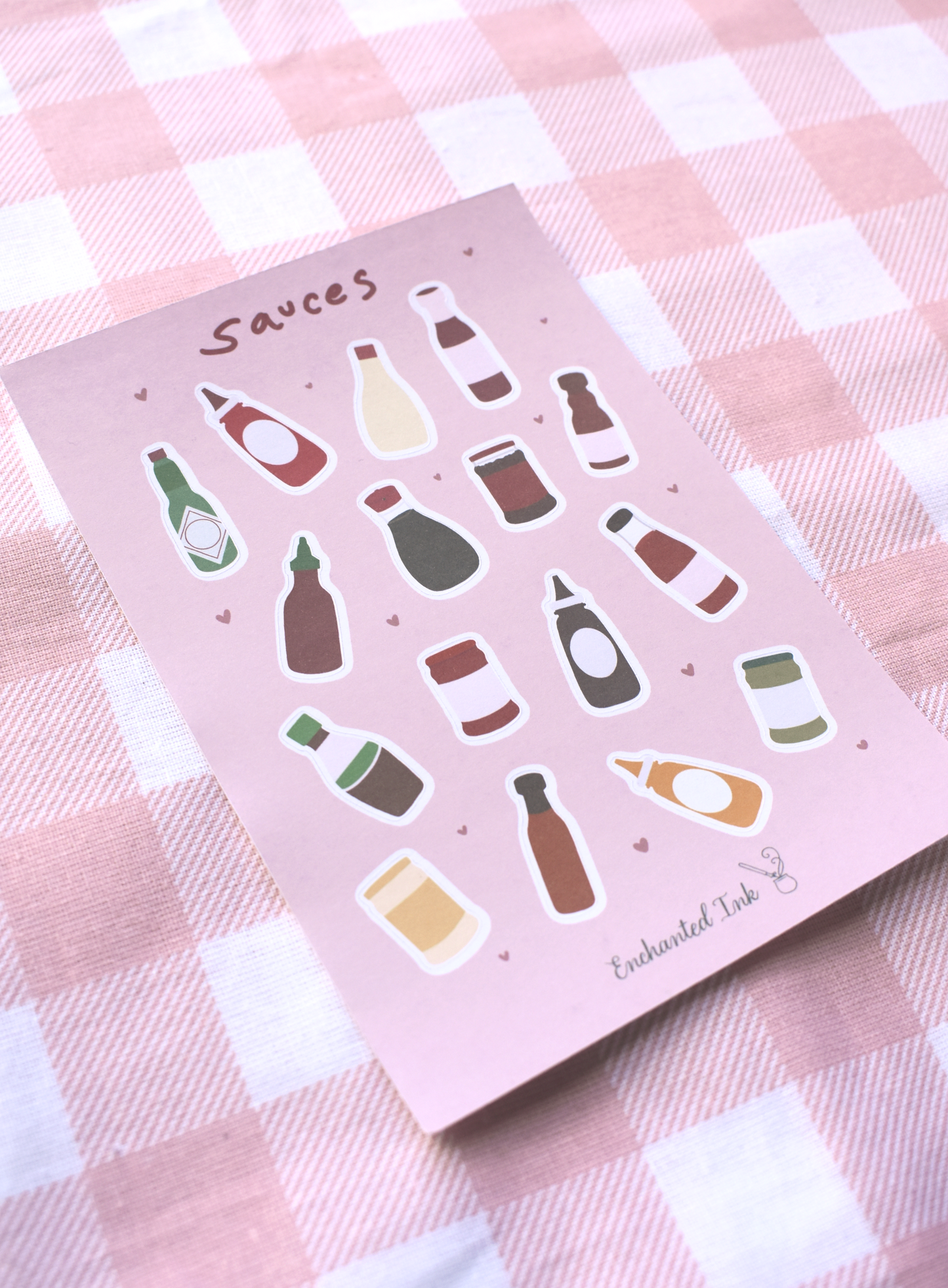 Sauces sticker sheet with colourful bottles and jars on matte paper