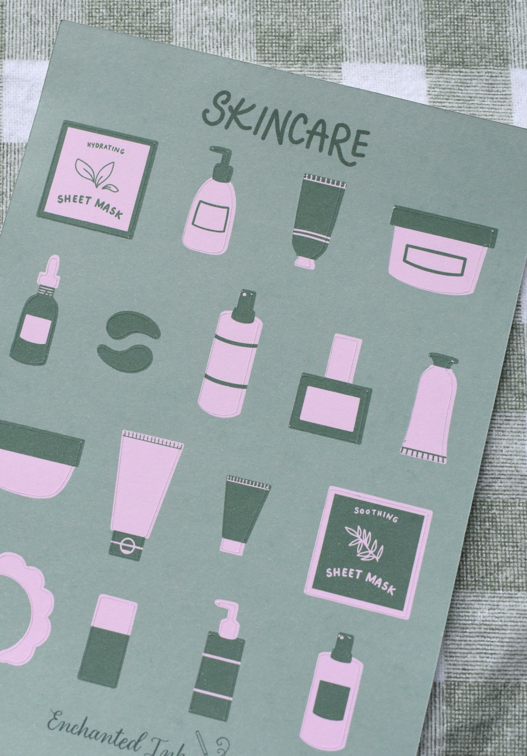 Skincare product illustrations on a green background with 'Enchanted Ink' branding.
