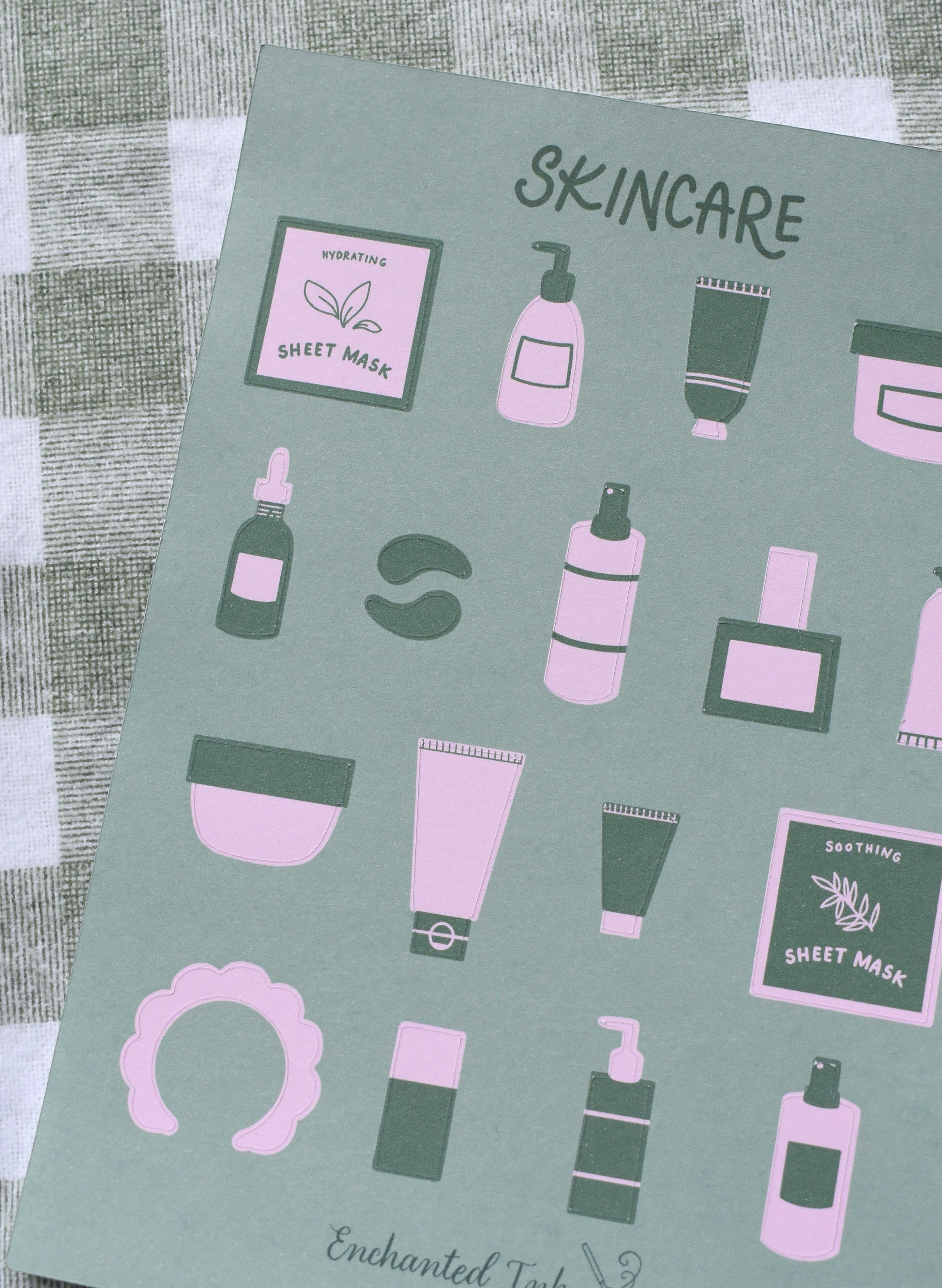 Sheet of skincare product illustrations on a green background