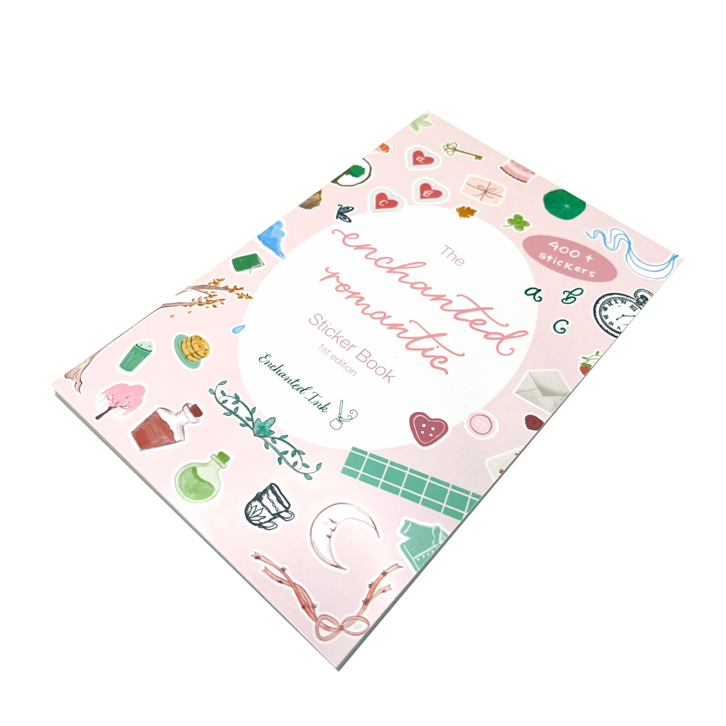 The Enchanted Romantics Sticker Book by Enchanted Ink, featuring a light pink cover decorated with whimsical illustrations of hearts, stars, and other whimsical stickers, shown at an angle 