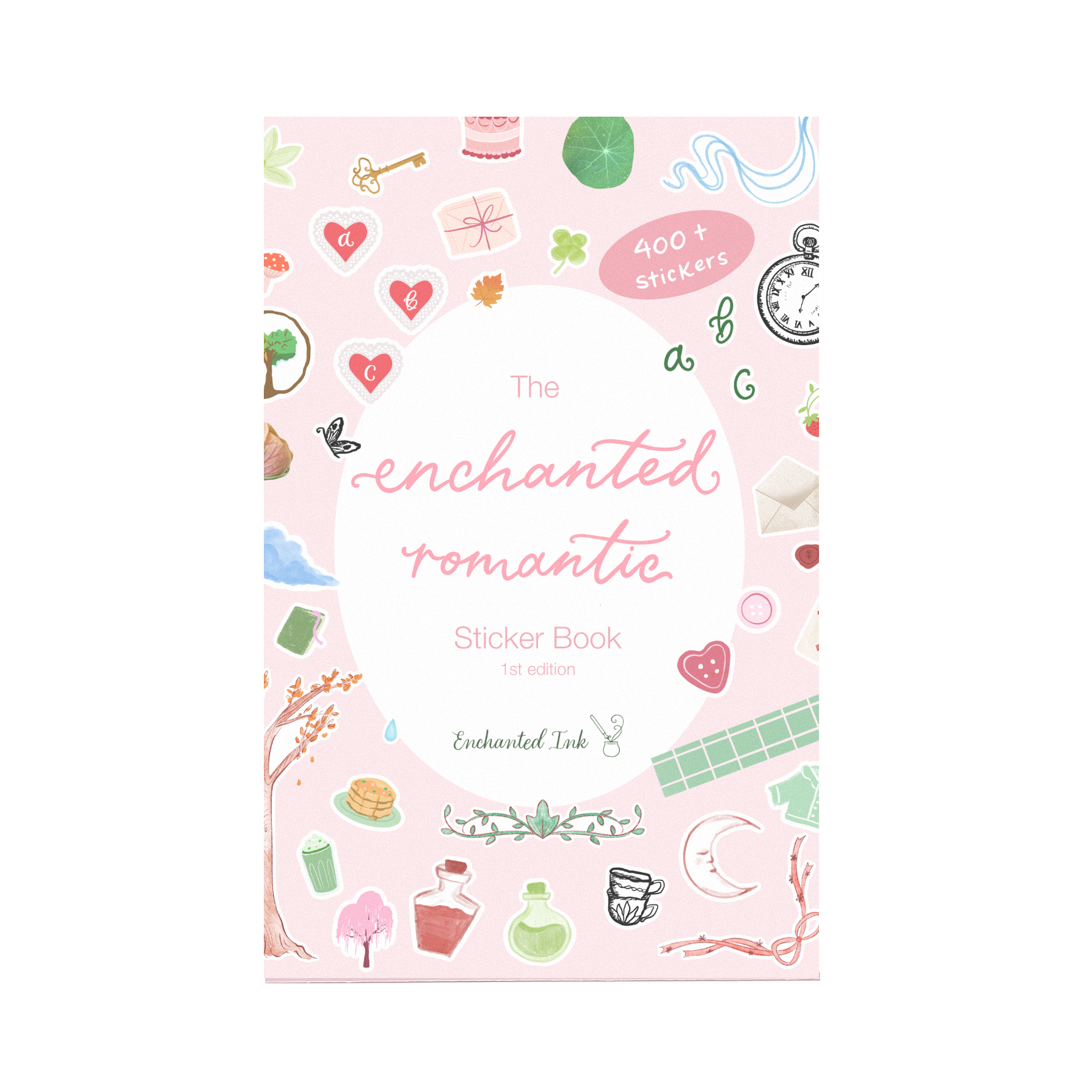 The Enchanted Romantic Sticker Book 1st edition, featuring a light pink cover decorated with whimsical illustrations of hearts, roses, bottles, and vintage objects, with a white oval center containing the title.