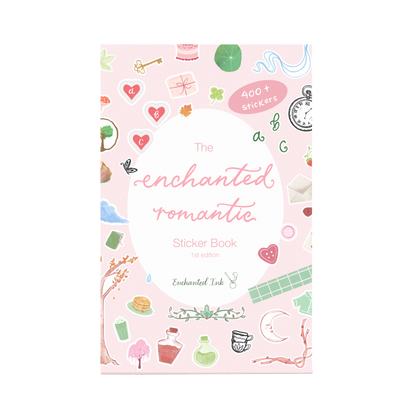 The Enchanted Romantic Sticker Book 1st edition, featuring a light pink cover decorated with whimsical illustrations of hearts, roses, bottles, and vintage objects, with a white oval center containing the title.
