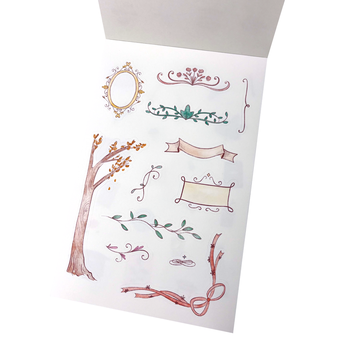 A sticker sheet featuring watercolor-style botanical and decorative designs including a tree, leaves, scrolls, and ornamental frames.