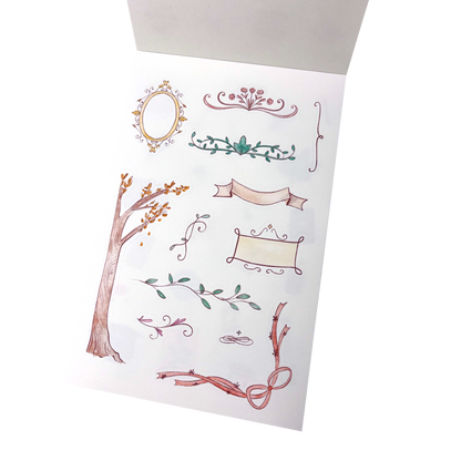 A sticker sheet featuring watercolor-style botanical and decorative designs including a tree, leaves, scrolls, and ornamental frames.