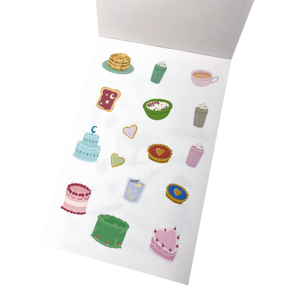 A sheet of cute, colourful whimsical food-themed stickers.The stickers feature illustrations of cakes, pastries, coffee, and desserts in pastel and bright colours.