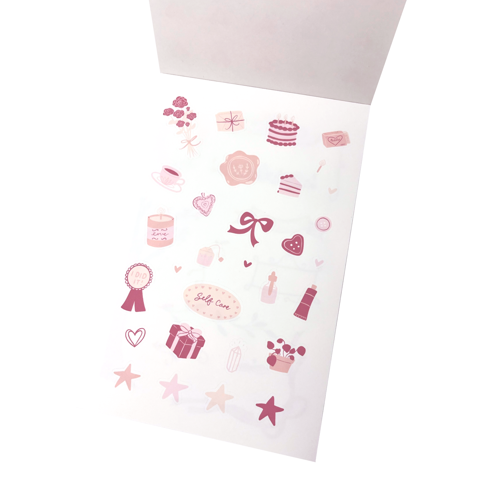A sticker sheet of pink and pastel stickers, featuring illustrations of cakes, hearts, ribbons, stars, and self care stickers