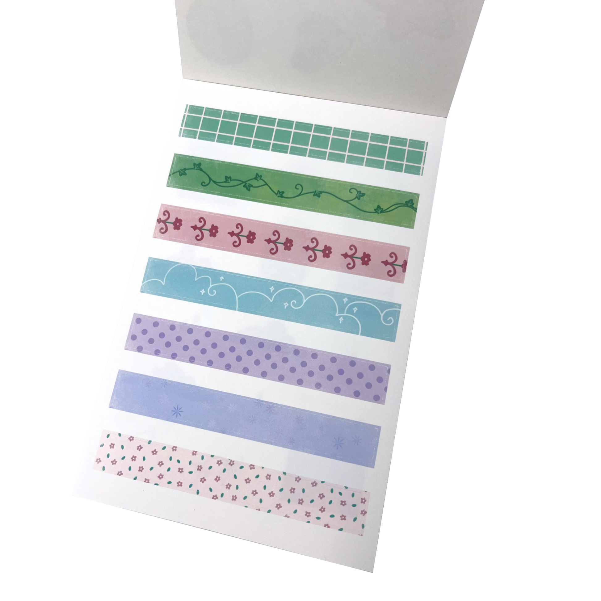 A sticker sheet of decorative washi tape strips featuring various patterns including green grid, green vine, pink floral, light blue scalloped, purple polka dots, lavender stripes, and a pink floral print.