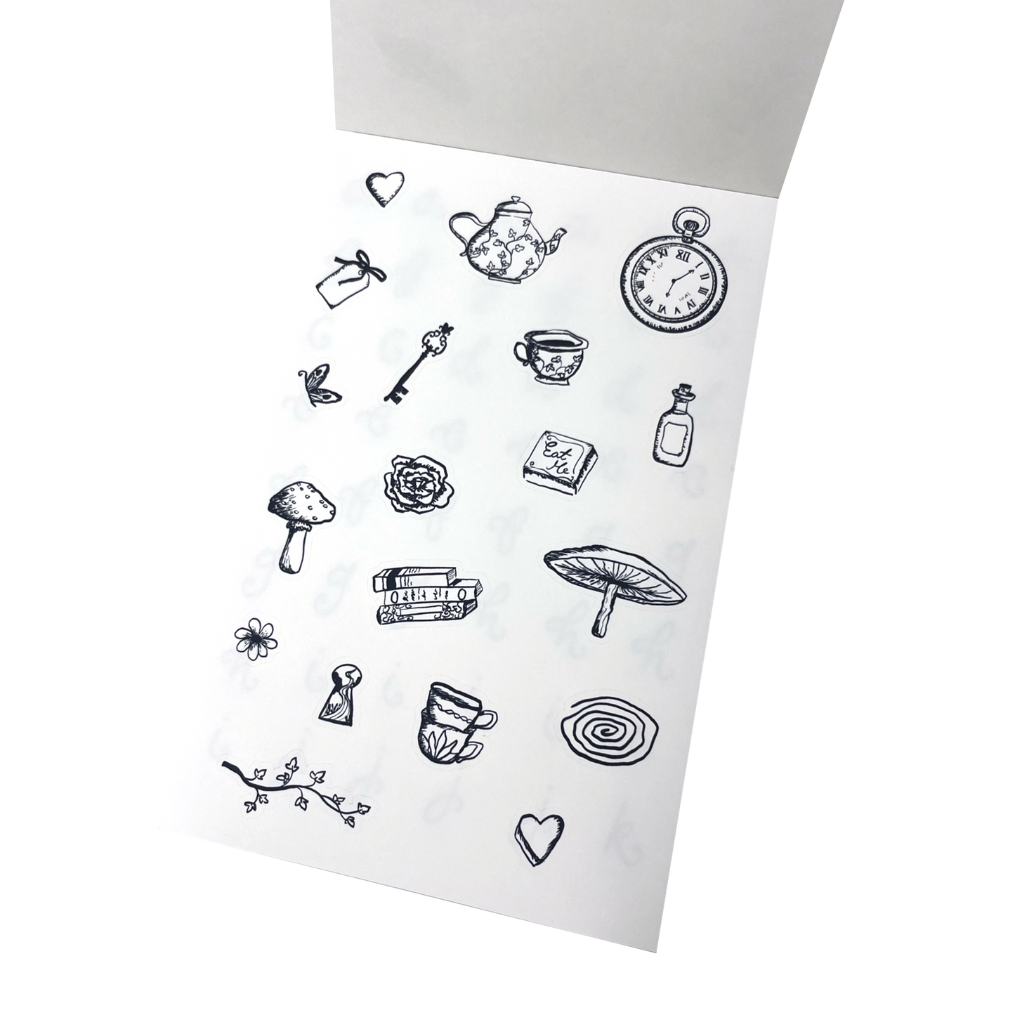 A sticker sheet of black hand-drawn illustrations, inspired by Alice in Wonderland featuring a tea pot, tea cups, a key, mushrooms, books.