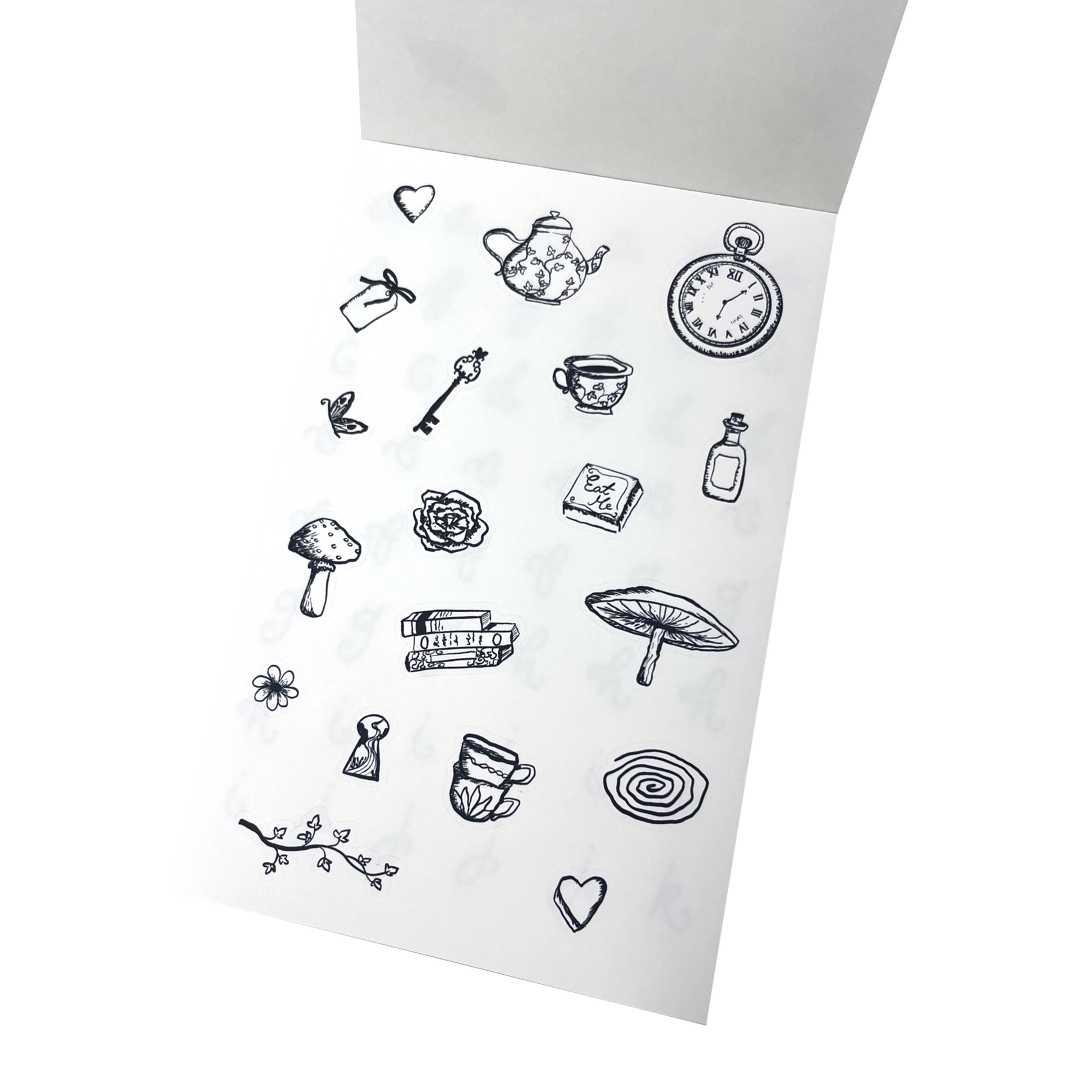 A sticker sheet of black hand-drawn illustrations, inspired by Alice in Wonderland featuring a tea pot, tea cups, a key, mushrooms, books.