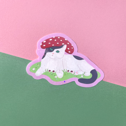 Mushroom Cat Whimsical Holographic Vinyl Sticker