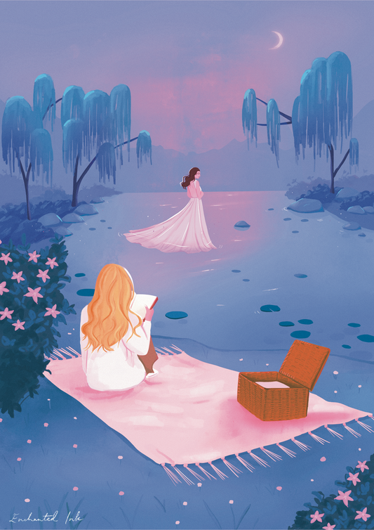 The Reader Digital Art Print | Whimsical Book Lover Art