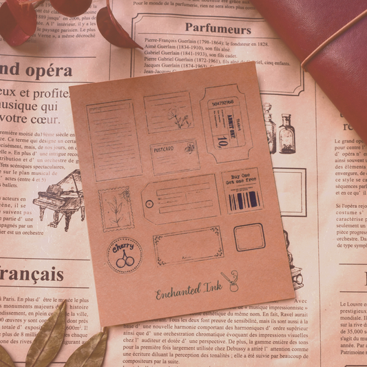 Dark academia inspired vintage ticket stickers on a Kraft sticker paper background featuring vintage labels, stamps, antique, travel stickers for junk journaling and scrapbooking 