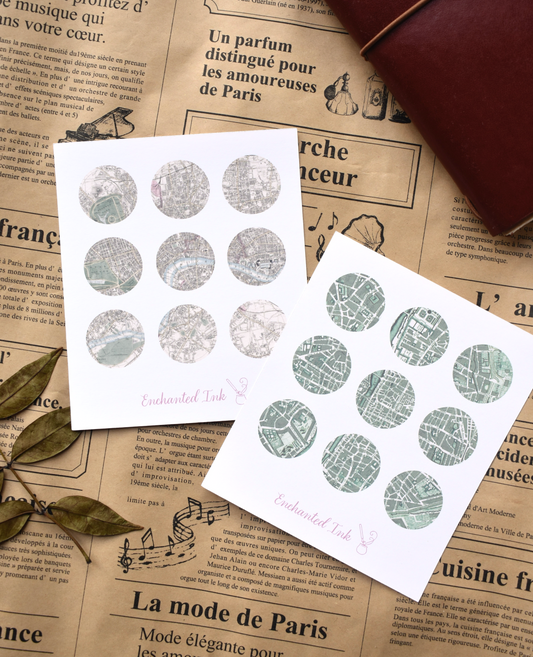 Detailed view of kiss-cut map stickers with aged paper textures
