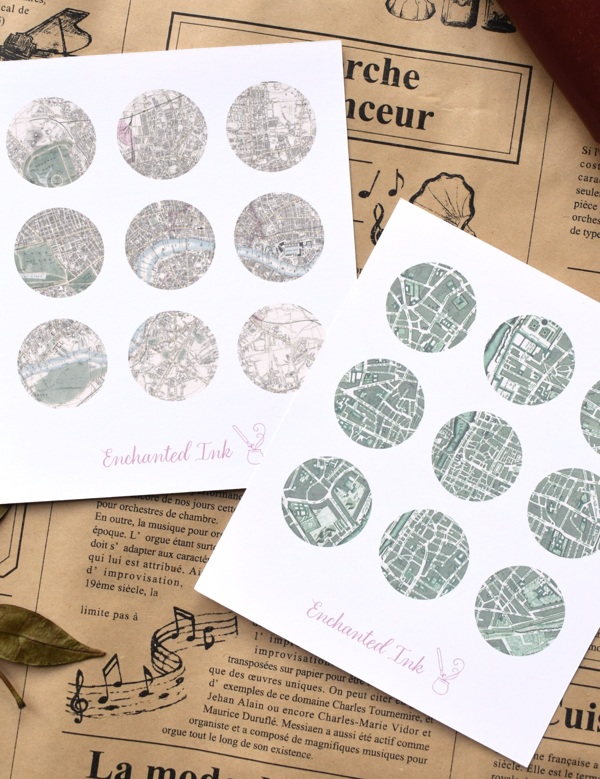Vintage map sticker sheet featuring map fragments and antique cartography design