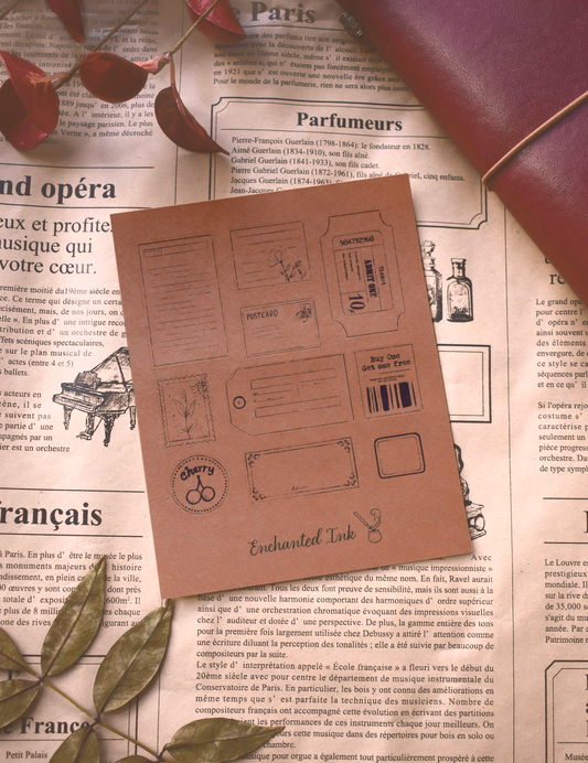 Vintage Ticket and Artefact Sticker Sheet flat lay with antique props and warm lighting